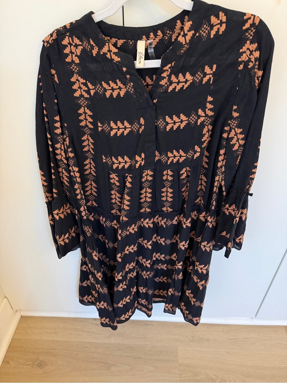 Elan Black Dress with Rust Geometric Print